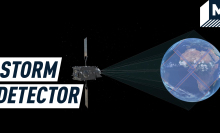 A render of a satellite in space appearing to scan the Earth. Caption reads: Storm Detector