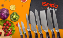 The Seido Knives set surrounded by the brand logo and some vegetables like broccoli, cabbage, and more. 