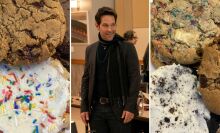 Three images: large frosted cookies, a smiling man in a dark jacket and scarf, and more large frosted cookies.