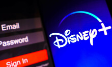 The Disney Plus logo is displayed on a smartphone screen, next to a login screen, with email, password and sign in.