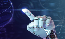 A robotic hand shown touching a laser line over a darkish background.