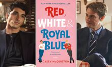 Three images: a dark-haired man in a dark suit sits at a cafe table, a pink book cover with the words "Red, White & Royal Blue" on it, and a blonde man in a suit smiling while seated at a cafe table.