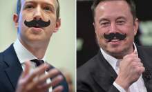 Elon Musk and Mark Zuckerberg with bad fake cartoon mustaches