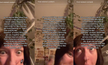 Three screenshots show a woman with her face close to the camera and a block of text.