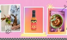 collage of gifts under $50 showing hot sauce, dessert cookbook, and planter set