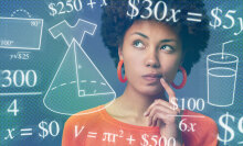 A black woman looks quizzical and is surrounded by nonsensical math and geometry in the shape of a dress, drink, and shopping bag.