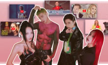 The four members of Kard stand among thumbnails of their favorite videos.
