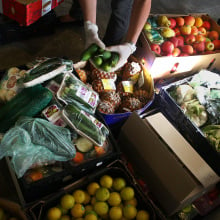 Gloved volunteers handle boxes of fresh produce.