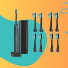 sonic toothbrush and eight replacement heads on a colorful background
