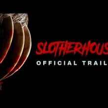 A sloth's claws dripping with blood next to the words "Slotherhouse" written in bloody red.