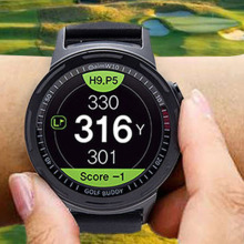 The GolfBuddy watch shown on someone's wrist