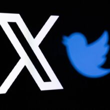 The Twitter logo rebranded as X, and the old Twitter bird logo reflected in smartphone screens.