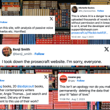 Shelves of books are visible behind a number of screenshotted tweets from Twitter/X.