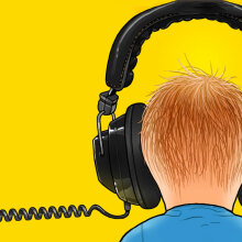 An illustration of the back of a child's head. The child is wearing over-ear headphones.
