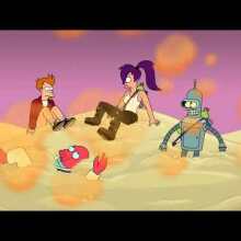Fry, Leela, Zoidberg, and Bender from "Futurama" sit in a desert with clouds of orange glittery sand rising up in the air.