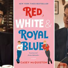 Three images: a dark-haired man in a dark suit sits at a cafe table, a pink book cover with the words "Red, White & Royal Blue" on it, and a blonde man in a suit smiling while seated at a cafe table.