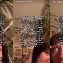 Three screenshots show a woman with her face close to the camera and a block of text.