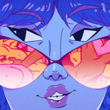Close up of a woman's face, she's wearing sunglasses, and in the reflection you can see a mass of nude bodies. 