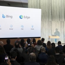 Yusuf Mehdi, Microsoft Corporate Vice President of Modern Life, Search, and Devices, speaks during a keynote address announcing ChatGPT integration for Bing at Microsoft in Redmond, Washington, on February 7, 2023. - Microsoft's long-struggling Bing search engine will integrate the powerful capabilities of language-based artificial intelligence, CEO Satya Nadella said, declaring what he called a new era for online search.