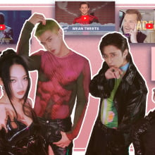 The four members of Kard stand among thumbnails of their favorite videos.