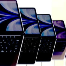 Brand new redesigned MacBook Air laptops are displayed during the WWDC22 at Apple Park on June 6, 2022 in Cupertino, California.