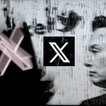 illustration of elon musk looking at new x logo and phone