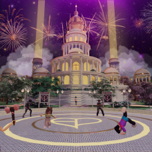 A town square in front of Blackpink palace where user avatars are celebrating, Fireworks explode in the sky.