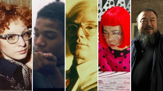 Five images of artists from documentaries: Nan Goldin, Jean-Michel Basquiat, Andy Warhol, Yayoi Kusama, and Ai Weiwei.