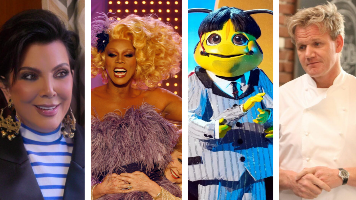 A collage of a woman, a drag queen, a person in a bee costume, and a chef. 