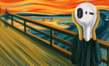 Illustration in the style of Edvard Munch's "The Scream" with an AirPod in place of the central character. 
