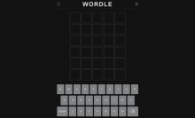 A screenshot of an empty Wordle puzzle with the dark theme active. The title "WORDLE" is at the top of the page, situated between a question mark/help icon on the left and a gear/settings icon on the right. A 5x6 grid of empty boxes is situated below the title, and a virtual English-language keyboard appears just below that.