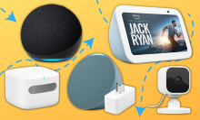 amazon smart home devices with yellow gradient background and blue arrows