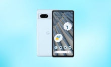Google Pixel 7 against a blue background 