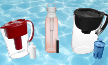 Two Brita water filter pitchers and a water bottle superimposed over a background of pool water