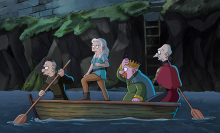 A cartoon illustration of four people on a small row boat. 