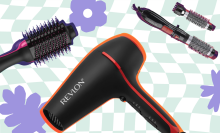 Three Revlon hair appliances on sale, overlaid on a printed background with purple flowers on it. 