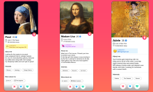 girl with a pearl earring, mona lisa, and the woman in gold as tinder profiles