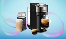 nespresso coffeemaker with coffee mug on base, espresso to the bottom left, iced coffee (left), thermos behind iced coffee