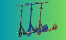 Three SereneLife scooters shown overlaid on top of each other over a colorful gradient background.