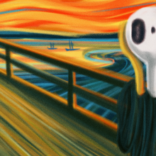 Illustration in the style of Edvard Munch's "The Scream" with an AirPod in place of the central character. 