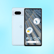 Google Pixel 7 against a blue background 