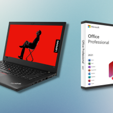 lenovo thinkpad and microsoft office professional with blue gradient background