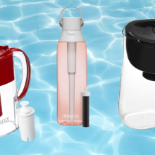 Two Brita water filter pitchers and a water bottle superimposed over a background of pool water
