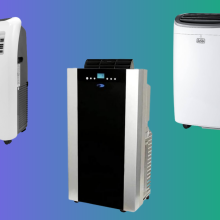Three types of portable ACs overlaid on a colorful, gradient background