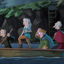 A cartoon illustration of four people on a small row boat. 