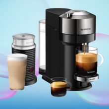 nespresso coffeemaker with coffee mug on base, espresso to the bottom left, iced coffee (left), thermos behind iced coffee
