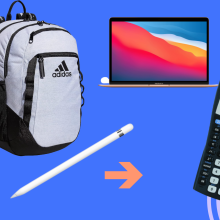 Products from Adidas, Apple, Texas Instruments overlaid on a colorful, patterned background.