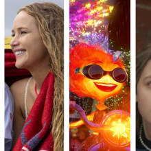 A collage of an armored superhero, a young woman laughing, an animated fire person, and a scared teenager. 