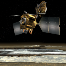 A NASA illustration showing the Mars Reconnaissance Orbiter flying above polar ice on Mars.