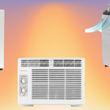 Three AC units on a colorful gradient background.